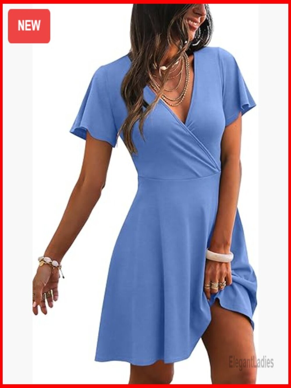 Wrap V Neck Dress Ruffle Sleeve A-Line Midi Length Stretchy Soft Summer